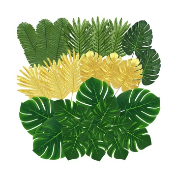 100 шт Искусственных пальмовых листьев, Тропических листьев, золотых листьев и зеленых искусственных листьев для украшения стола на гавайской вечеринке
