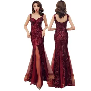 2023 Вечернее коктейльное платье для вечеринки, Красное свадебное платье для новобрачных, длинное платье на подтяжках с пайетками в виде рыбьего хвоста, Банкетное облегающее эластичное платье