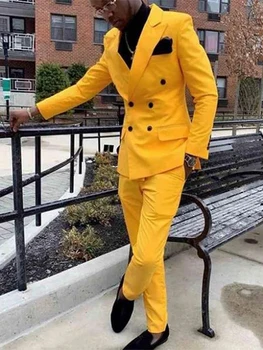 2023 Желтые деловые свадебные мужские костюмы для отдыха, линия двубортных летних весенних мужских костюмов, 2 предмета (куртка + брюки) traje hombre
