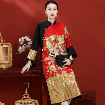 2023 китайское улучшенное платье чонсам, свободное ретро новое осенне-зимнее платье в китайском стиле с драконом, женское элегантное платье ципао s36