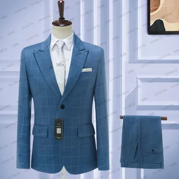 2023, модные новые мужские синие костюмы в клетку, приталенный повседневный деловой банкетный комплект из 2 предметов, большие размеры (куртка + брюки)  Terno Masculino