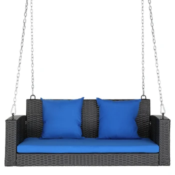 49-дюймовая черная ротанговая синяя подушка, кресло-качели из ротанга (рамы для качелей в комплект не входят)