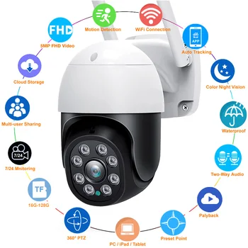 FHD 5MP WiFi IP-камера Защита Безопасности 360 PTZ Наружная Безопасная Камера Умный Дом CCTV 3MP 1080P Видеомонитор Камера Наблюдения