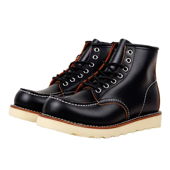 Goodyear-Винтажные мотоциклетные ботинки из натуральной кожи с прорезями, высококачественная мужская повседневная одежда с круглым носком, рабочие черные ботинки, обувь