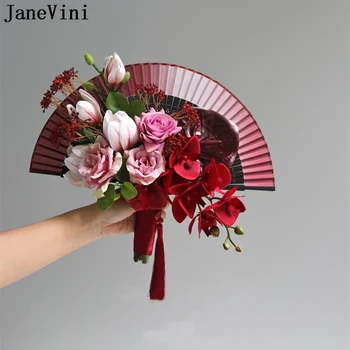 JaneVini Винтажный красный Свадебный веер Букет цветов Невесты Из искусственных роз Ручной работы в китайском стиле Веерный Свадебный букет Mariage