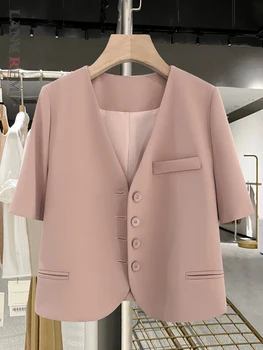 LANMREM, летний блейзер, пальто для женщин, однотонный V-образный вырез, Короткие рукава, Однобортные повседневные пальто с подкладкой, Женская одежда 2YA3033