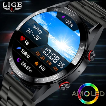 LIGE Новые AMOLED смарт-часы Мужские 454*454 Дисплей Bluetooth вызов Спортивные Умные часы Водонепроницаемые TWS наушники для Android IOS