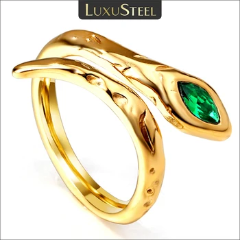 LUXUSTEEL Новые Зеленые кольца с кубическим цирконием в форме змеи для женщин, позолоченные Гипоаллергенные кольца из нержавеющей Стали, открывающее кольцо