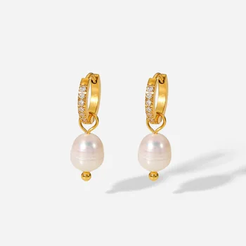 Minar INS Модные серьги-кольца с настоящим пресноводным жемчугом и цирконием для женщин, 18-каратные позолоченные серьги из титановой стали, украшения на каждый день