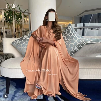 OIMG Простые Шелковые атласные вечерние платья с V образным вырезом и длинными рукавами Длиной до пола Для женщин из Саудовской Аравии Вечерние платья для выпускного вечера