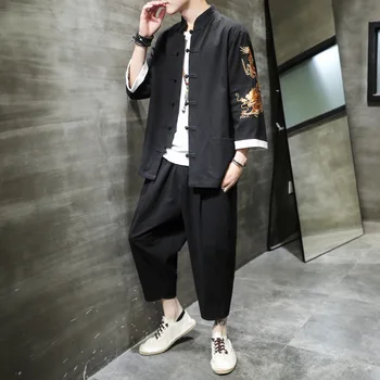 Yourqipao, традиционная китайская мужская рубашка с вышивкой дракона, Брюки, футболка Династии Тан, кунг-фу, Топ, куртка, Комплект брюк