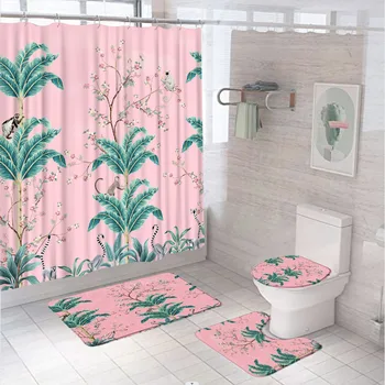 Акварельные тропические растения Джунгли Зеленый банановый лист Наборы занавесок для душа Животное Обезьяна Декор для ванной комнаты Нескользящий Коврик Для туалета Коврик для ванной