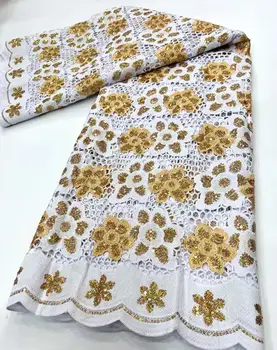 Африканская гипюровая кружевная ткань Золотисто-белая Традиционная вышивка Нигерийские пайетки Кружевная ткань для Элегантного свадебного бального платья