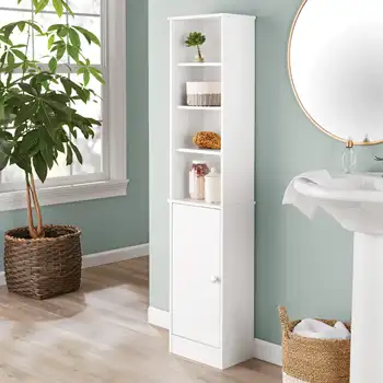 Белая башня для хранения белья в ванной комнате с открытыми и скрытыми полками