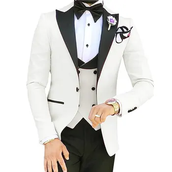 Белый Мужской костюм Lansboter, комплект из 3 предметов, воротник с лацканами на одной пуговице, Приталенный деловой Пиджак для Вечеринок, Свадеб, Церемоний, Жилет Со Штанами