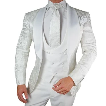 Белый Свадебный Смокинг Жениха с цветочным Рисунком, 3 предмета, приталенный мужской костюм с отворотом из атласной шали, Мужской модный костюм на заказ, куртка, жилет, Брюки
