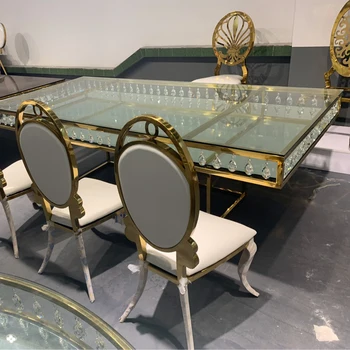 Более дешевый Прямоугольный Обеденный Стол Золотой Свадебный роскошный обеденный стол из нержавеющей Стали