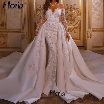 Великолепное свадебное платье со съемным шлейфом с открытыми плечами, кружевные свадебные платья Русалки размера Плюс Robe de Mariée
