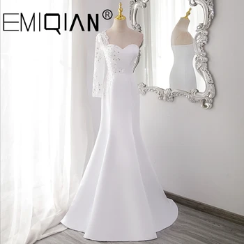 Вечернее платье с шлейфом и аппликацией из кристаллов с длинным рукавом, белые вечерние платья в стиле русалки