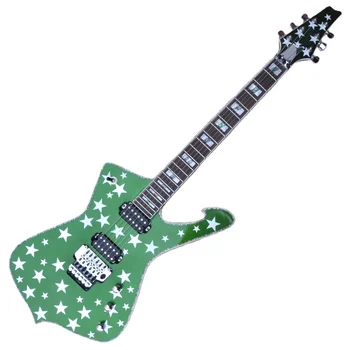 Высококачественная электрогитара Flyoung Необычной формы, металлическая гитара зеленого цвета с рисунком в виде звезд
