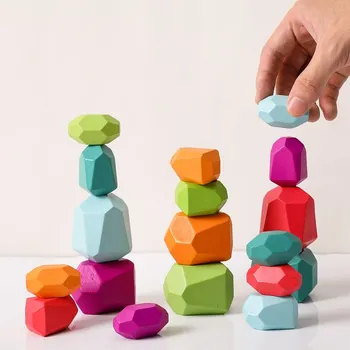 Деревянная детская игрушка Монтессори, Строительный блок, цветной Деревянный Камень, Креативная игра-головоломка в скандинавском стиле, Развивающие игрушки