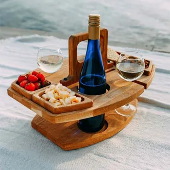 Деревянный складной столик для пикника со стеклянным держателем, Круглый Складной стол, Подставка для бокалов для вина, Складной стол, Поднос для закусок для вечеринки в саду