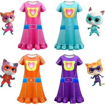 Детские платья для девочек, ночная рубашка с супер кошечками, Летняя одежда, Ночная рубашка с героями мультфильмов, пижамы с короткими рукавами, Детская домашняя одежда