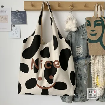 Женская сумка через плечо с милым рисунком коровы, холщовые сумки-тоут Большой емкости, корейские модные простые сумки для покупок с животными, женские MO131