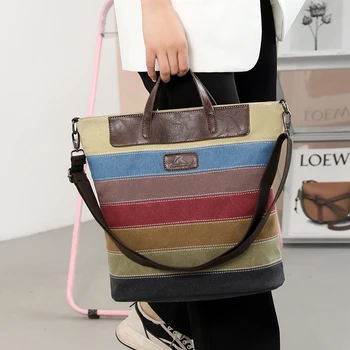 Женские сумки в стиле пэчворк, женская сумка на плечо, высококачественные сумки, винтажная полосатая холщовая сумка + сумка из искусственной кожи, женская сумка-тоут