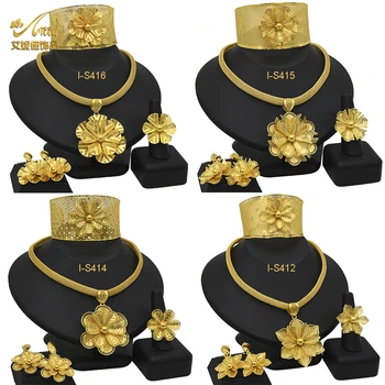 Женский комплект ювелирных изделий из Дубая ANIID, Позолоченный Дизайнерский цветок, Эфиопское Золотое Свадебное ожерелье и серьги, Индийский Ювелирный подарок