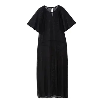 Женщины 2023 Новая Шикарная Модная накидка с рукавом шелковая сетка Миди Винтажные женские платья с коротким рукавом robe Mujer