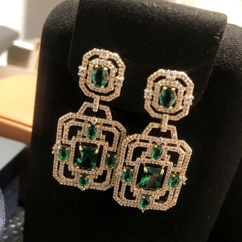 Золотые квадратные длинные серьги с зеленым кристаллом, стильный геометрический кулон, женские винтажные свадебные роскошные блестящие украшения