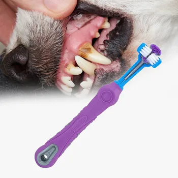 Зубная щетка для собак Мягкая зубная щетка для домашних кошек с трехсторонними собаками Резиновая зубная щетка для неприятного запаха изо рта Зубной камень Инструмент для зубов Аксессуары для собак