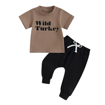 Комплекты штанов из 2 предметов для маленьких мальчиков, топы с короткими рукавами и буквенным принтом, комплекты штанов на шнурках