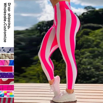 Леггинсы для фитнеса NADANBAO, пуш-ап, Женские брюки в розовую и белую полоску, Женские тренировочные брюки с высокой талией, Сексуальный уличный низ