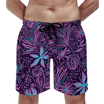 Летние Пляжные шорты в стиле ретро с цветочным рисунком для серфинга, черно-фиолетовый дизайн, пляжные короткие брюки, модные удобные плавки, большие размеры