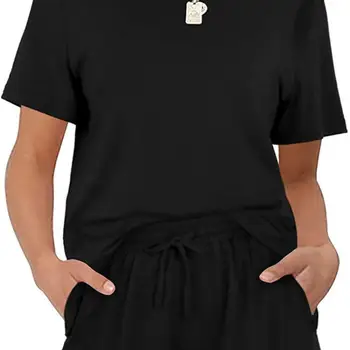 Летний модный женский повседневный однотонный комплект шорт с коротким рукавом, эластичными карманами на шнуровке