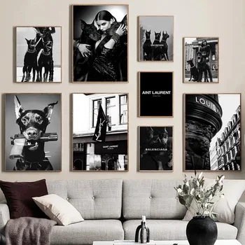 Модные Черно-белые Фотографии Леди с Собакой, Парижские Плакаты Элитного бренда, Скандинавское Настенное Искусство, Картина на Холсте для Декора Гостиной