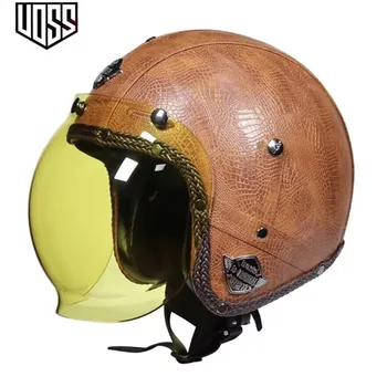 Мотоциклетные шлемы VOSS с открытым лицом Наполовину из искусственной кожи Винтажные мотоциклетные головные уборы Коричневая кожа 55-64 см