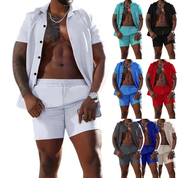Мужские Костюмы 2023, Летний Кардиган с лацканами, однотонные шорты с короткими рукавами, повседневный костюм из двух предметов для мужчин