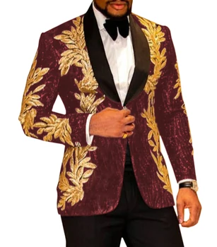 Мужской костюм SOLOVEDRESS, комплект из 2 предметов, Бордовый, Тонкий, с блестящей золотой Аппликацией, платье для выпускного Вечера, жакет, вечерние костюмы, комплект (блейзер + брюки)