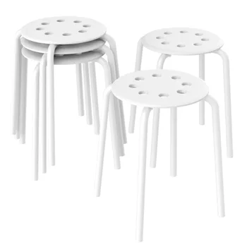 Набор из 5 пластиковых табуретов, Круглые барные стулья с 8 отверстиями, белый