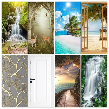 Наклейка на дверь с пейзажем, Плакат с дизайном домашней двери, Самоклеящиеся ПВХ 3D обои, художественная роспись, Шкаф для холодильника, Украшение спальни