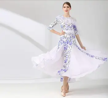 Новое дешевое стандартное бальное платье, платье для вальса, женское платье для соревнований, платье для танго, наряд, белый, синий, цветочный принт 2118