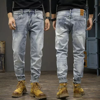 Новые дизайнерские Модные мужские джинсы в стиле ретро, светло-голубые, Стрейчевые, облегающие Рваные джинсы, Мужские Повседневные брюки, Винтажные джинсовые брюки Hombre