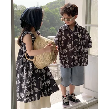 Образ Брата и Сестры, подходящая одежда для близнецов, Платье для маленьких девочек, Летний слинг, Рубашки для мальчиков, Топы, Корейская детская одежда