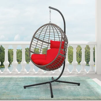 Плетеный подвесной стул для яиц Abble с подушкой и подставкой - красный