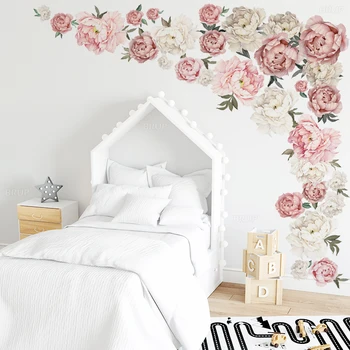 Покрывают 200 см всю стену, большие акварельные розово-белые наклейки с цветком пиона, наклейки на стены спальни, Художественная роспись, Домашний декор, винил