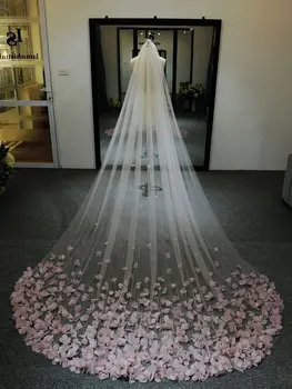 Пыльно-розовые свадебные вуали для невесты 3, 4, 5 метров, Свадебная фата с 3D цветами, головные уборы с гребнем, Свадебные аксессуары