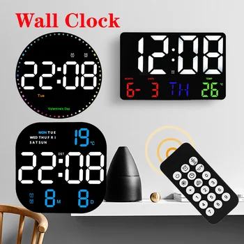 Светодиодные цифровые настенные часы Современный дизайн, отображение температуры, даты, дня, Электронный будильник с дистанционным управлением, Декор для гостиной